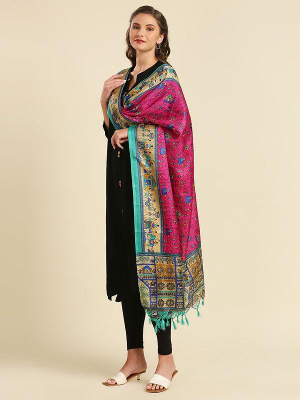 Multicolour Warli Printed Art Silk Dupatta Rani Pink/shawl/stole