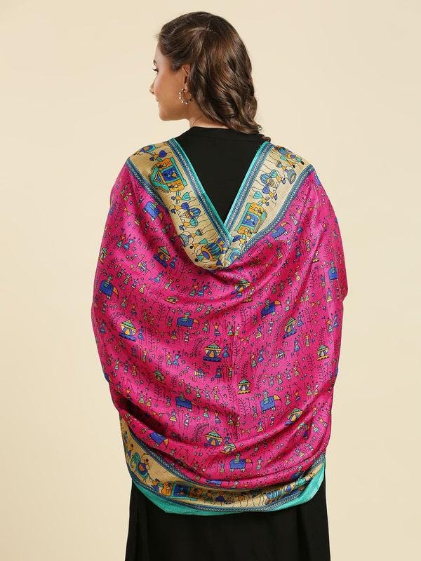 Multicolour Warli Printed Art Silk Dupatta Rani Pink/shawl/stole