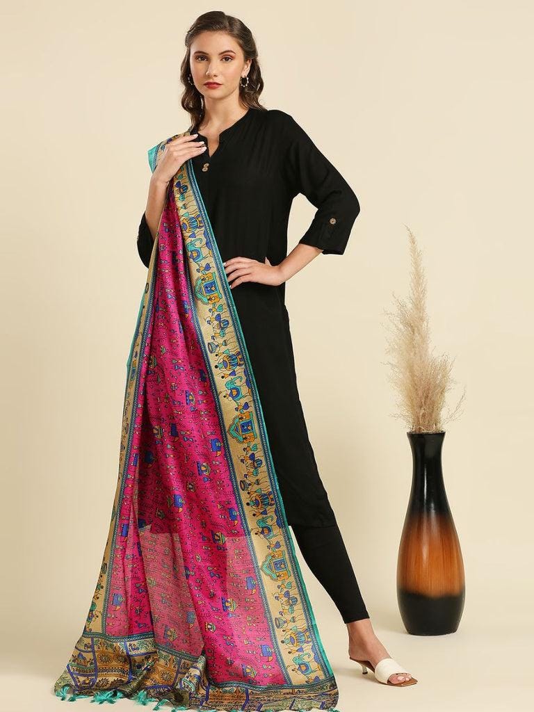 Multicolour Warli Printed Art Silk Dupatta Rani Pink/shawl/stole