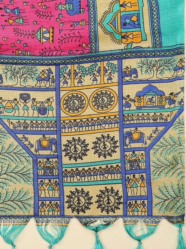 Multicolour Warli Printed Art Silk Dupatta Rani Pink/shawl/stole