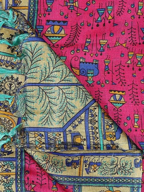 Multicolour Warli Printed Art Silk Dupatta Rani Pink/shawl/stole