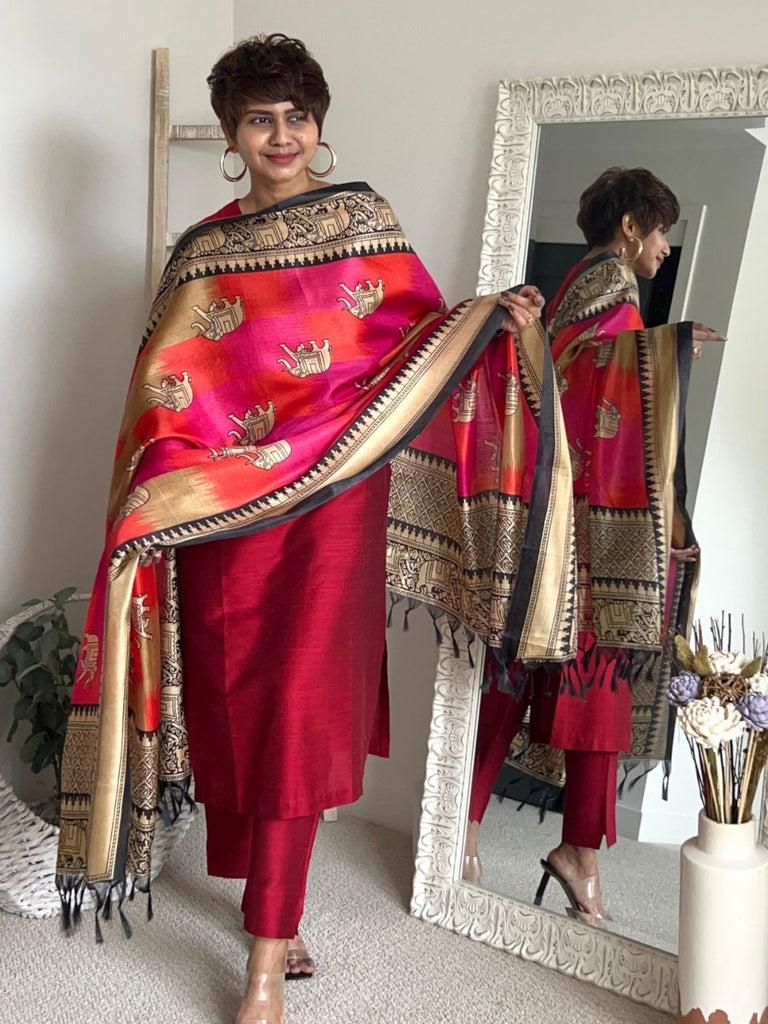 Ethnic Elephant Pink Printed Art Silk Dupatta/shawl/stole
