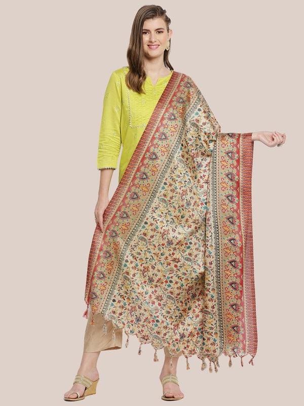Floral Printed Art Silk Dupatta Beige Red/shawl/stole