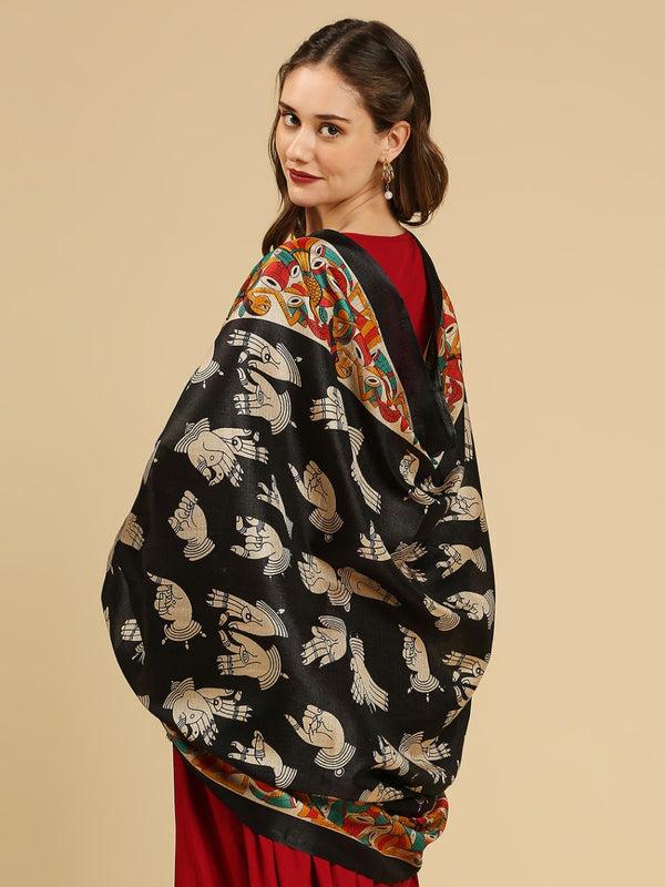 Ethnic Printed Black & Multi Art Silk Dupatta/shawl/stole