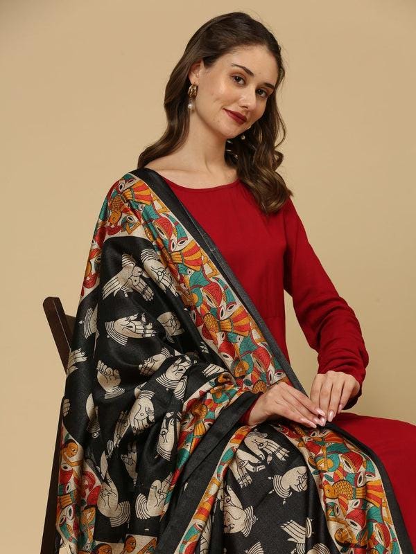Ethnic Printed Black & Multi Art Silk Dupatta/shawl/stole