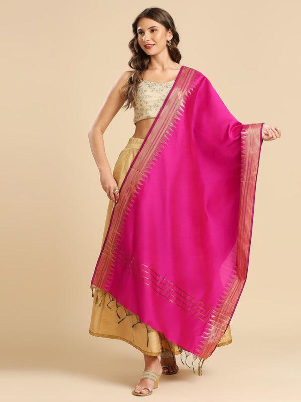 Banarasi Silk Dupatta with Temple Border Wine/Coral color stole