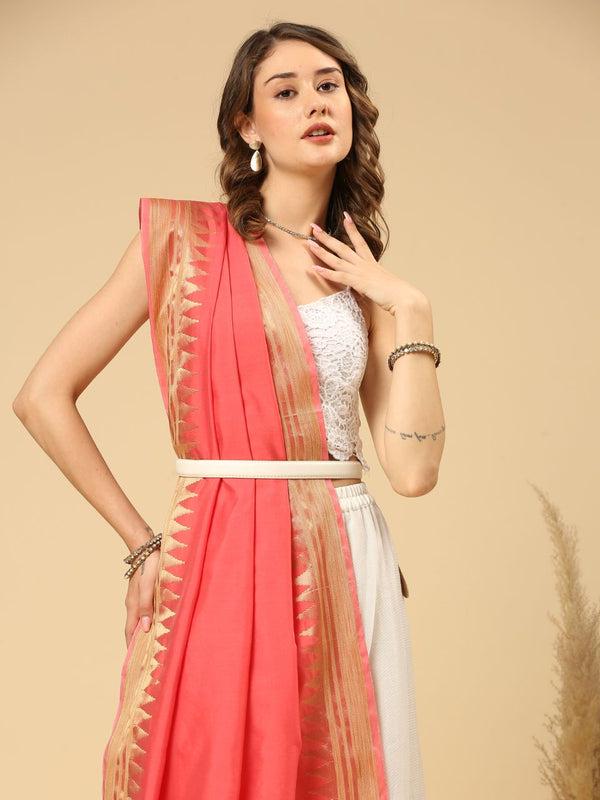 Banarasi Silk Dupatta with Temple Border Wine/Coral color stole