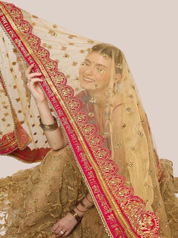 Bridal Sada Saubhagyawati Bhav Net Dupatta with heavy Border/shawl/stole Gold Magenta