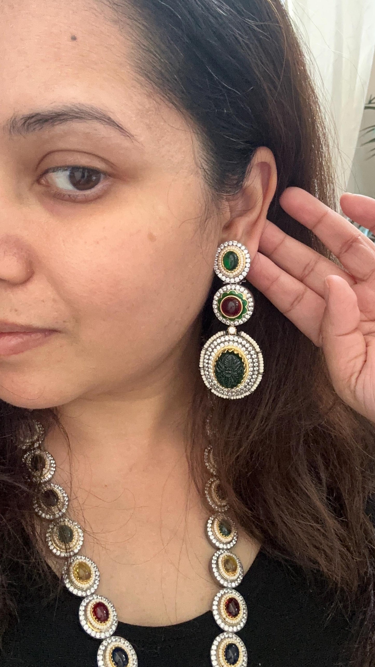 Premium semiprecious stones necklace set adjustable, long sabyasachi inspired