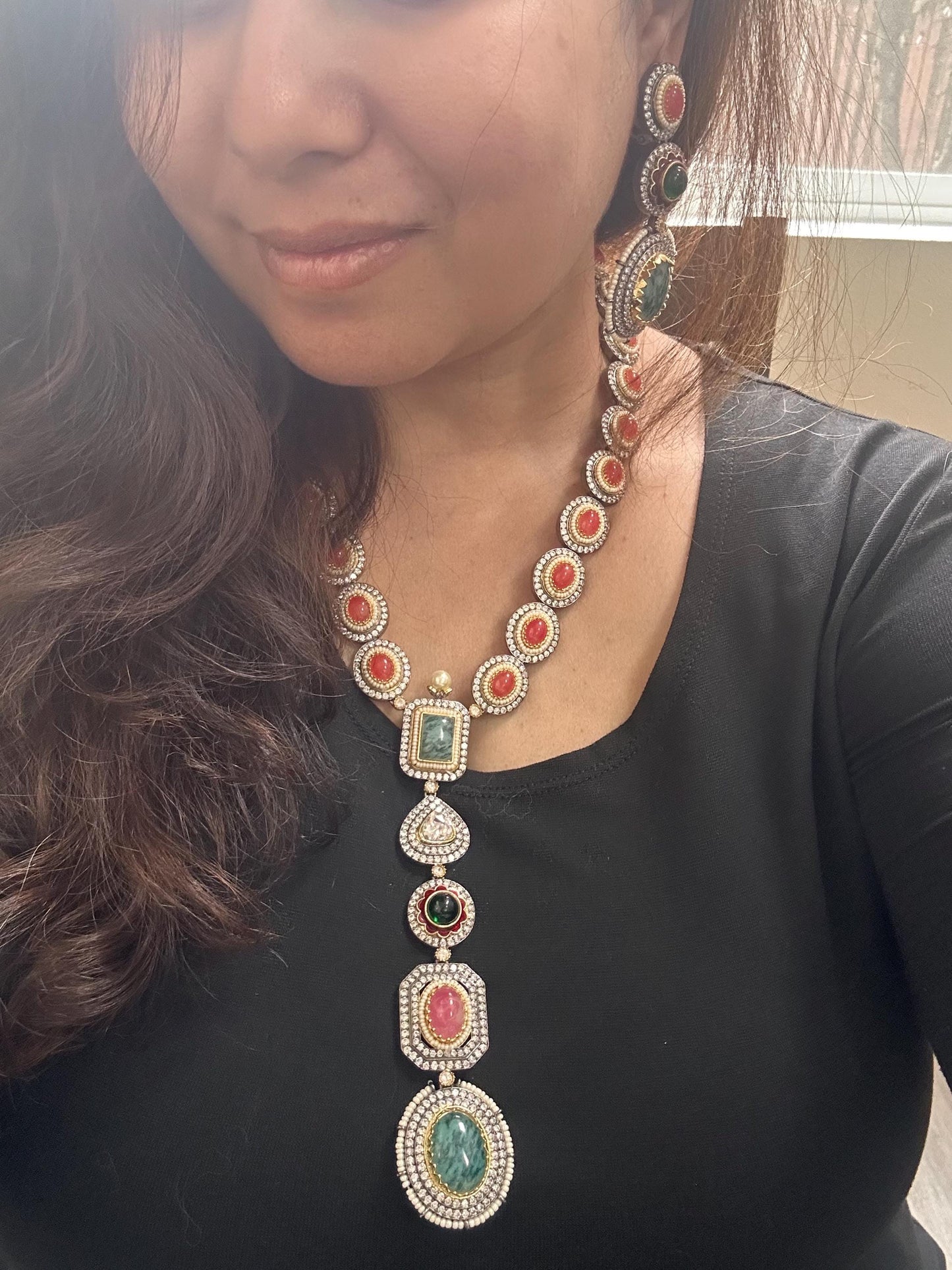 Premium semiprecious stones necklace set adjustable, long sabyasachi inspired