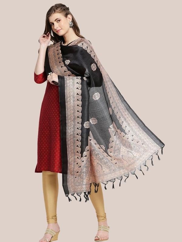 Black & Beige Printed Art Silk Dupatta/shawl/stole
