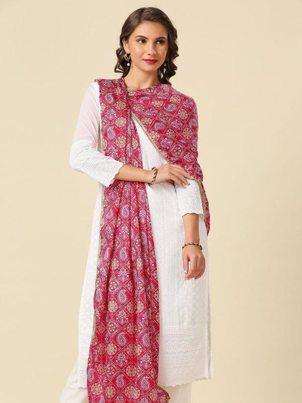 Rani Pink Printed Poly Chinnon Dupatta/shawl/stole