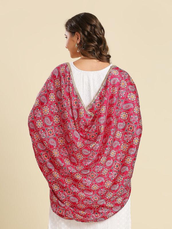 Rani Pink Printed Poly Chinnon Dupatta/shawl/stole