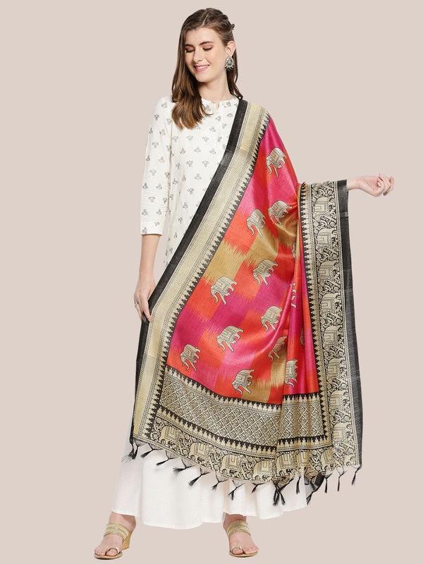 Ethnic Elephant Pink Printed Art Silk Dupatta/shawl/stole