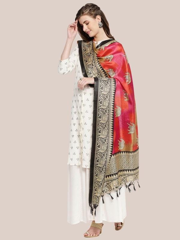 Ethnic Elephant Pink Printed Art Silk Dupatta/shawl/stole