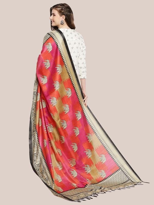 Ethnic Elephant Pink Printed Art Silk Dupatta/shawl/stole