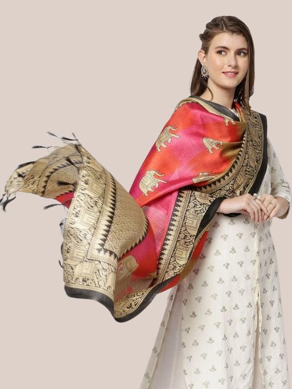 Ethnic Elephant Pink Printed Art Silk Dupatta/shawl/stole
