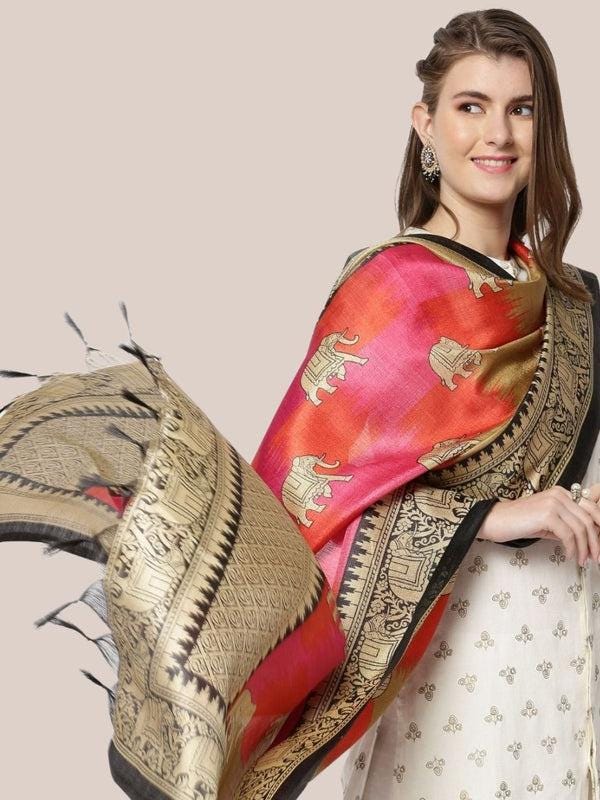 Ethnic Elephant Pink Printed Art Silk Dupatta/shawl/stole