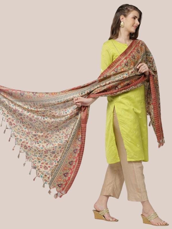Floral Printed Art Silk Dupatta Beige Red/shawl/stole