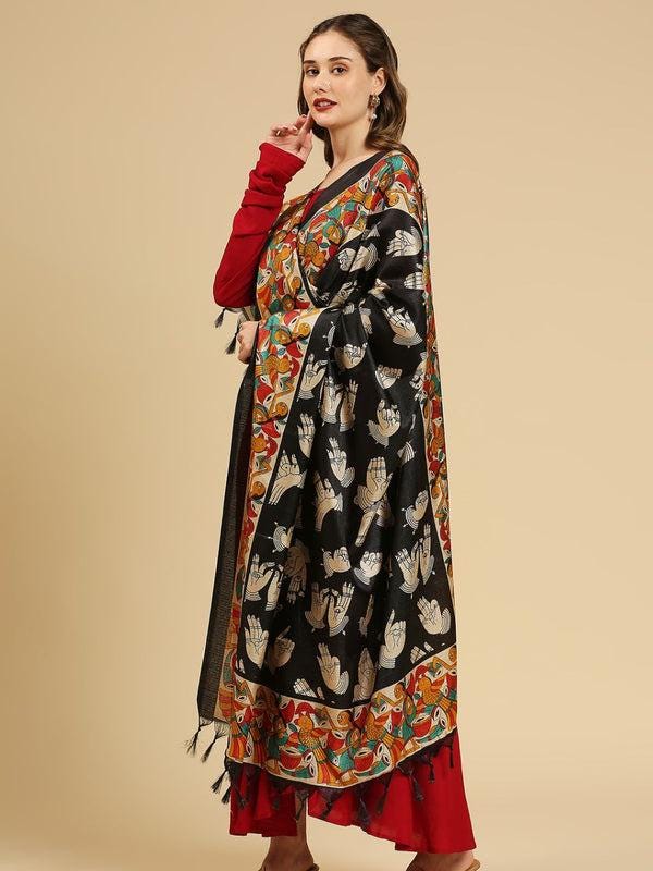 Ethnic Printed Black & Multi Art Silk Dupatta/shawl/stole