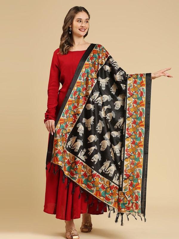 Ethnic Printed Black & Multi Art Silk Dupatta/shawl/stole