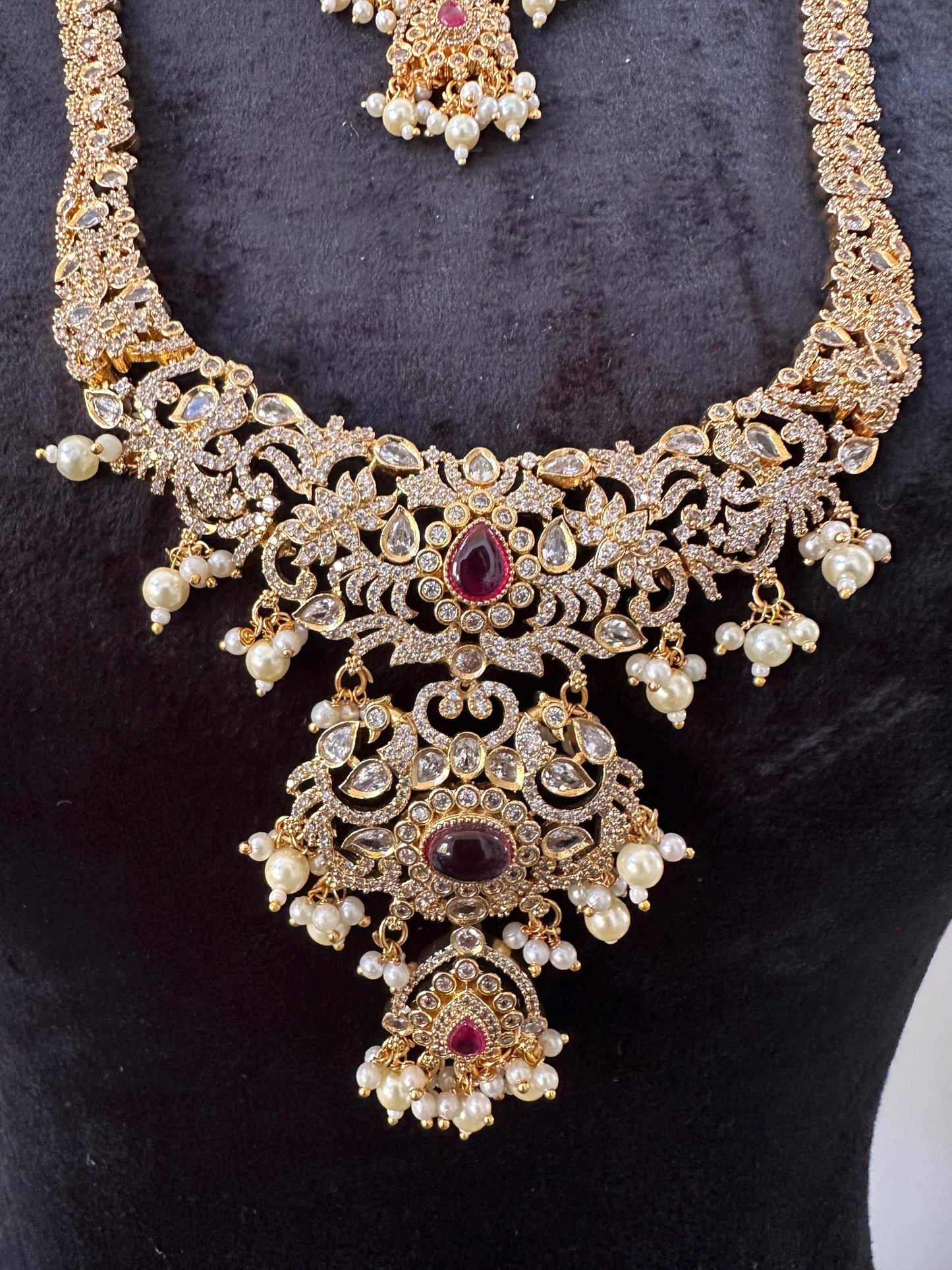 American diamonds necklace set one long, one short necklace with maang tikka and earrings combo pack