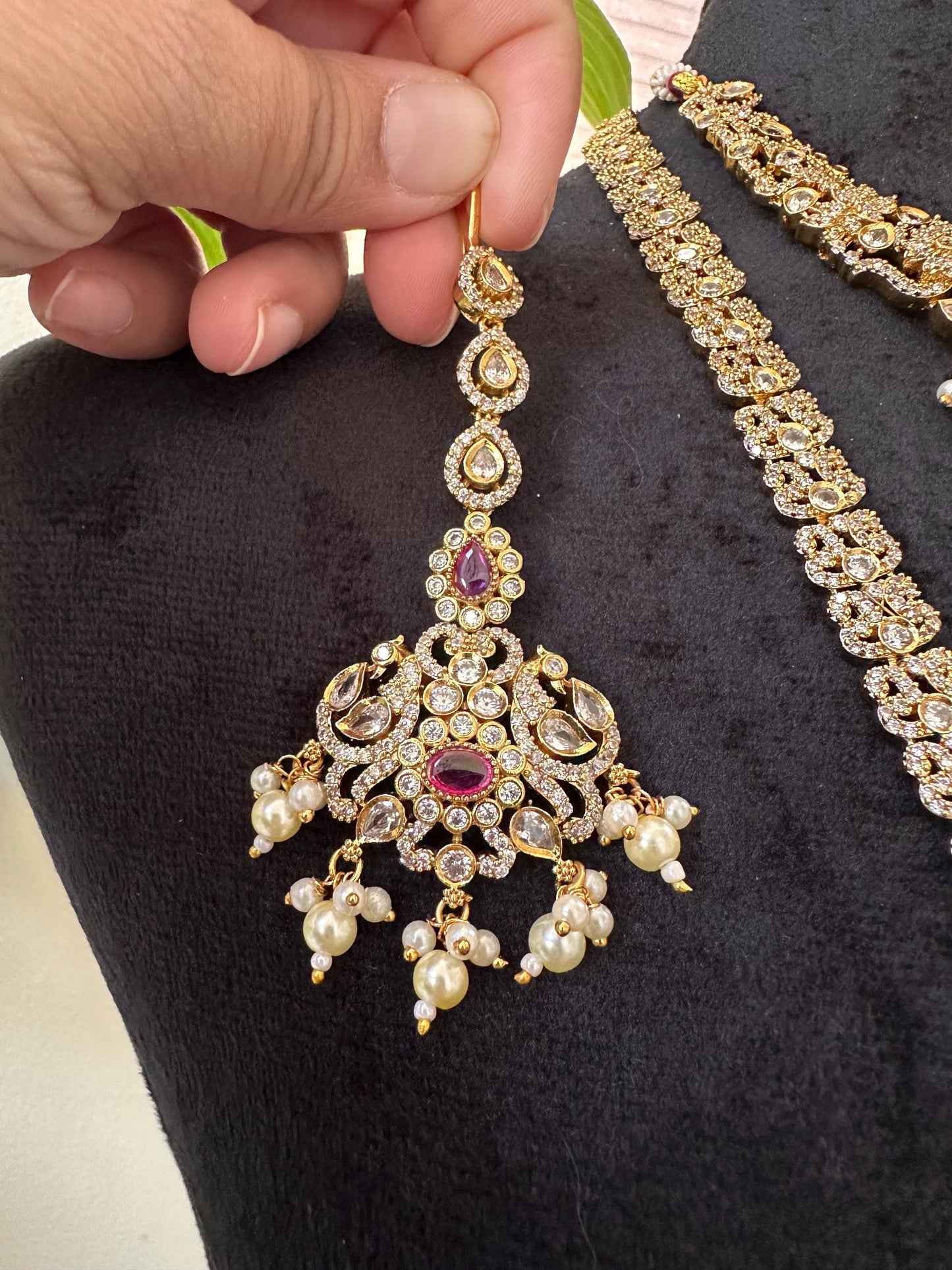 American diamonds necklace set one long, one short necklace with maang tikka and earrings combo pack