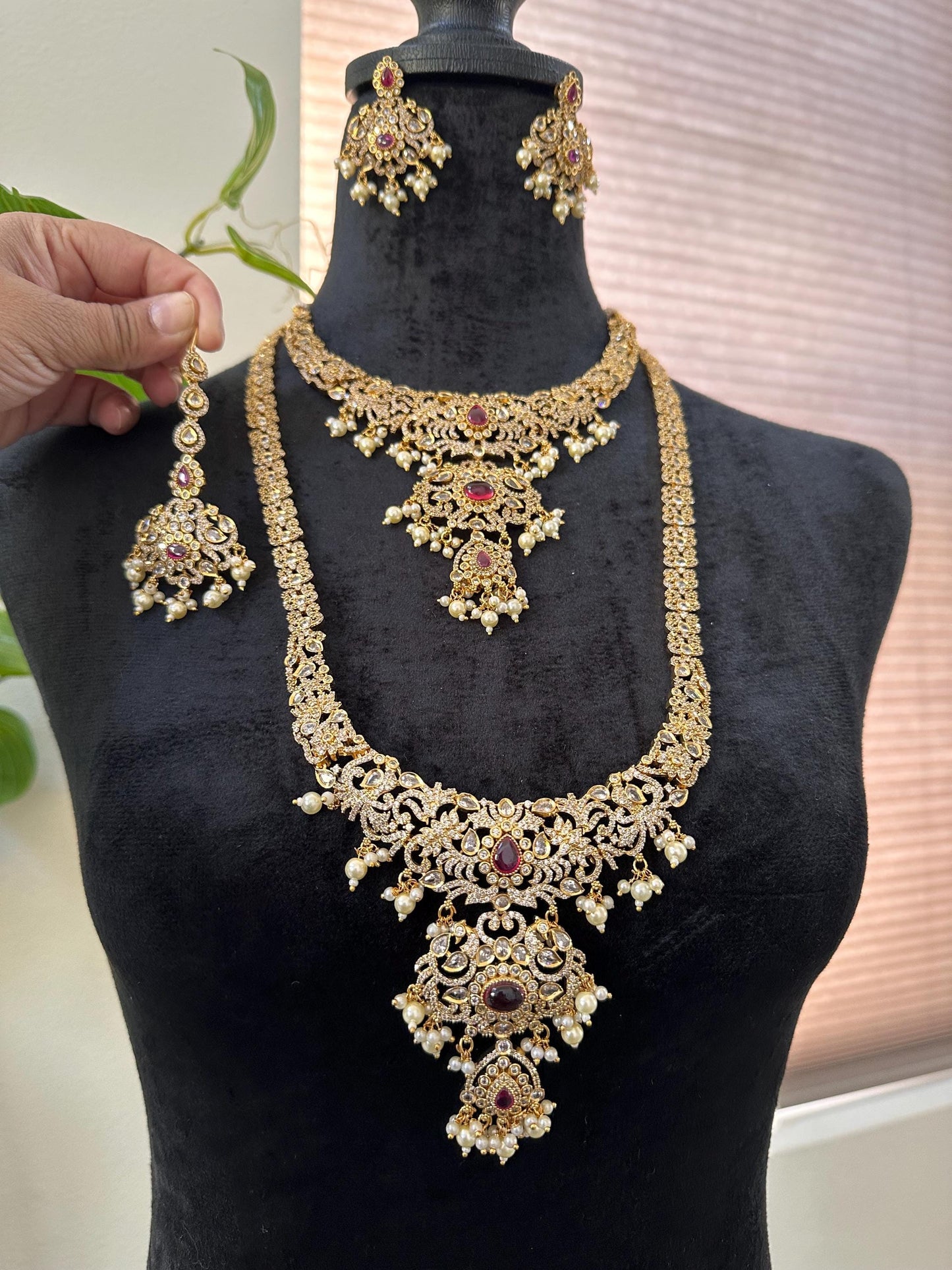 American diamonds necklace set one long, one short necklace with maang tikka and earrings combo pack