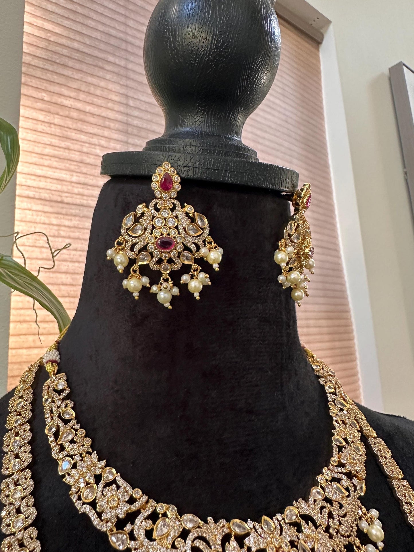 American diamonds necklace set one long, one short necklace with maang tikka and earrings combo pack