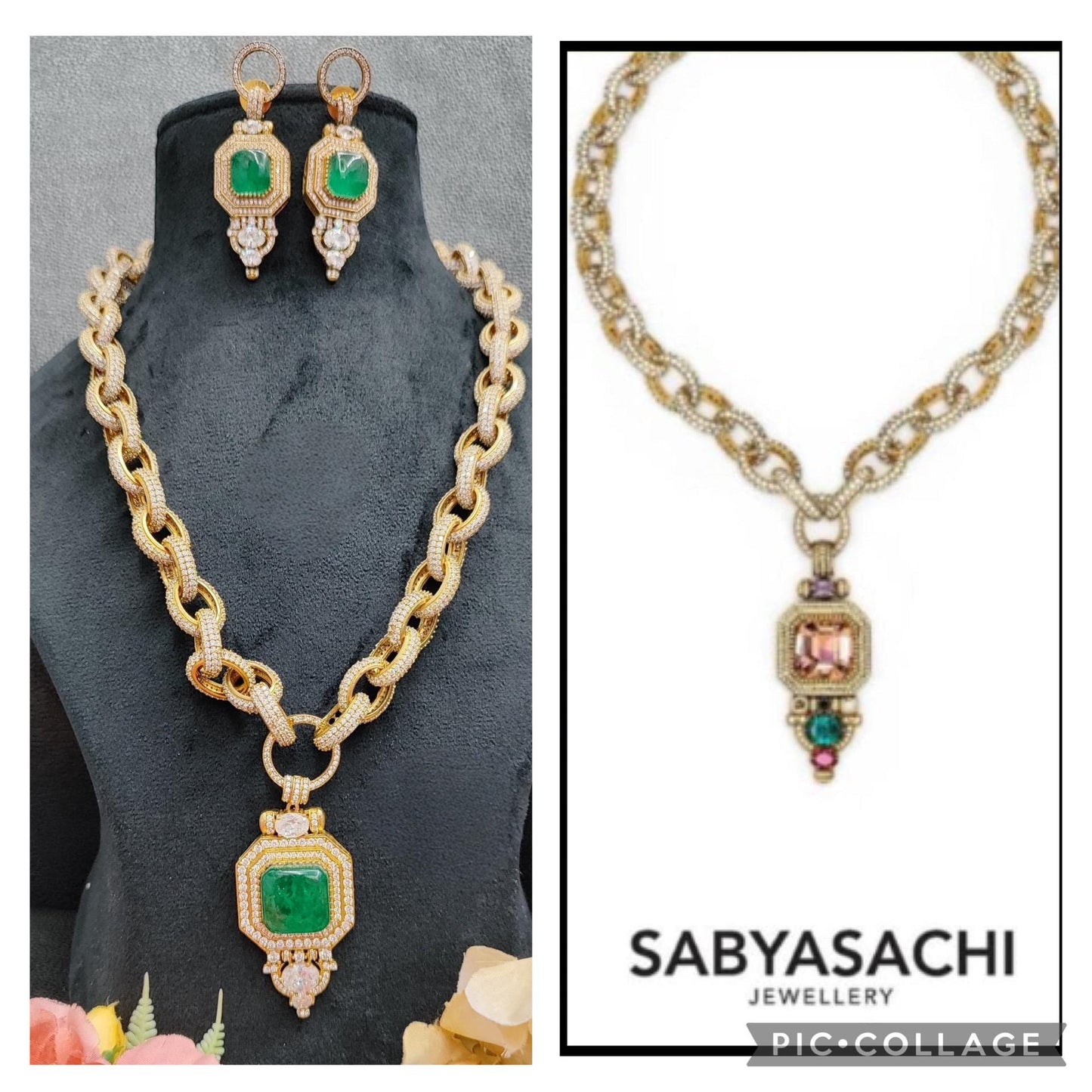 Sabyasachi inspired chain and pendant set with American diamonds and semiprecious stone (doublet stone)