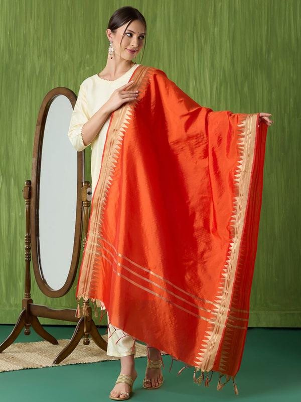 Banarasi Silk Dupatta with Temple Border Wine/Coral color stole