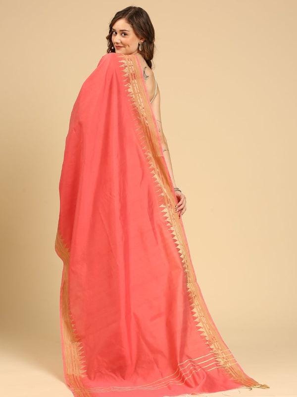 Banarasi Silk Dupatta with Temple Border Wine/Coral color stole