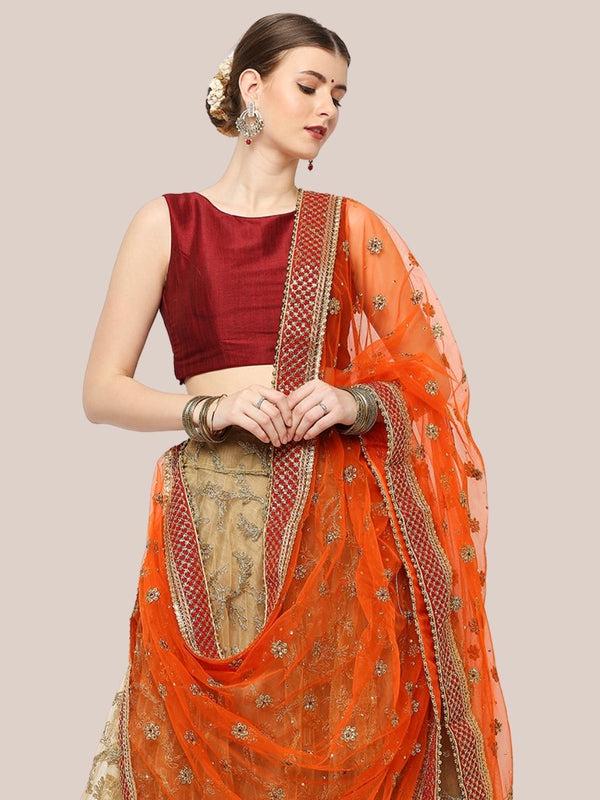 Embroidered Orange Bridal/Wedding Wear Net Dupatta/shawl/stole