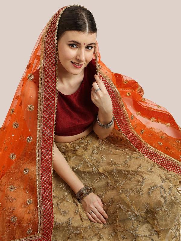 Embroidered Orange Bridal/Wedding Wear Net Dupatta/shawl/stole