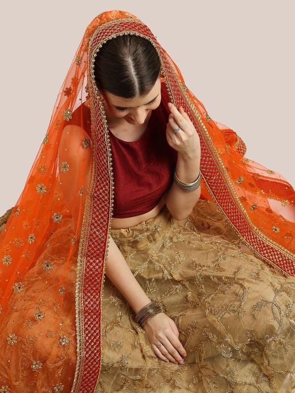 Embroidered Orange Bridal/Wedding Wear Net Dupatta/shawl/stole
