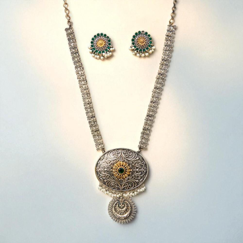Oxidised Long Necklace With 2 Tone Plating