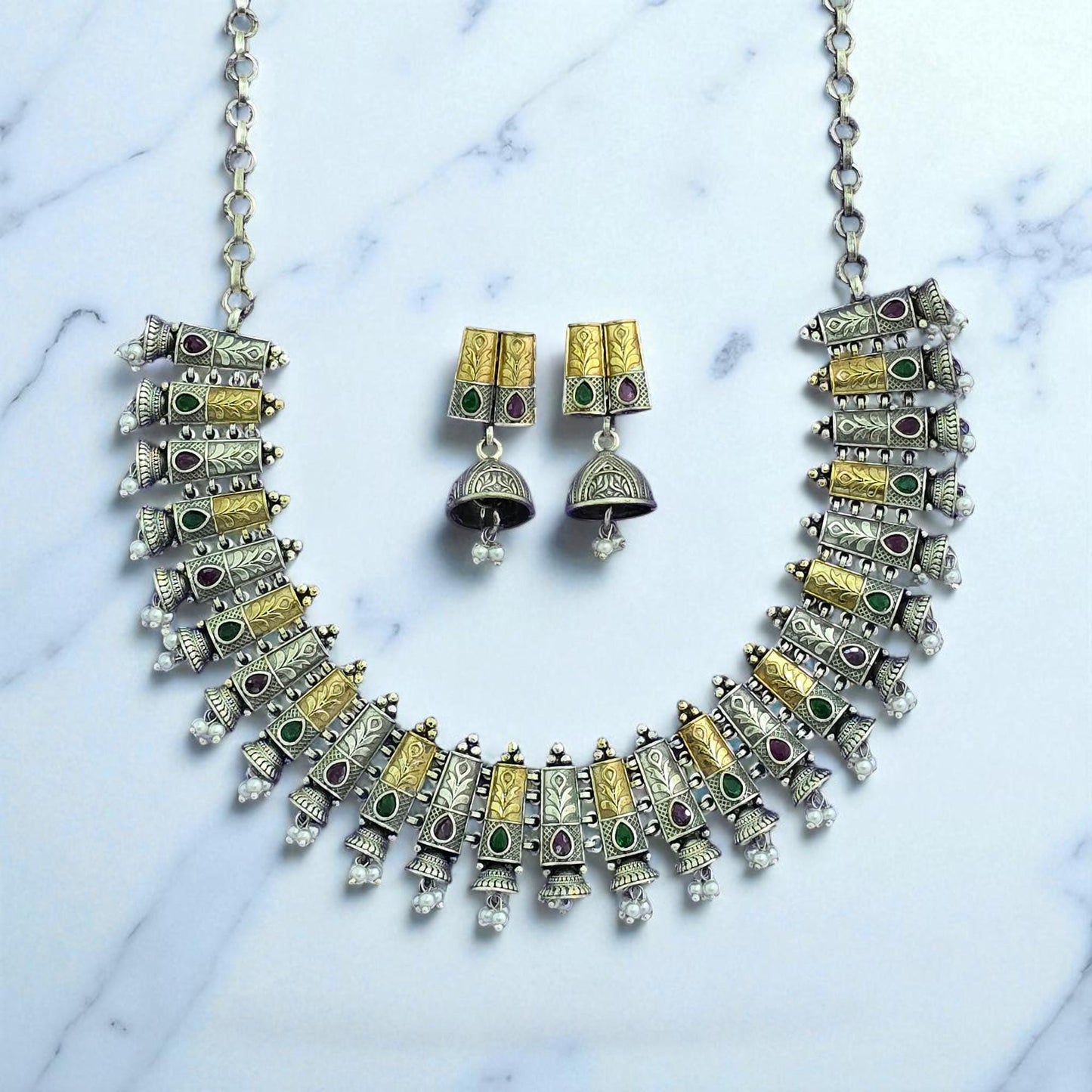 Oxidised German Silver Necklace With 2 Tone Plating ruby green