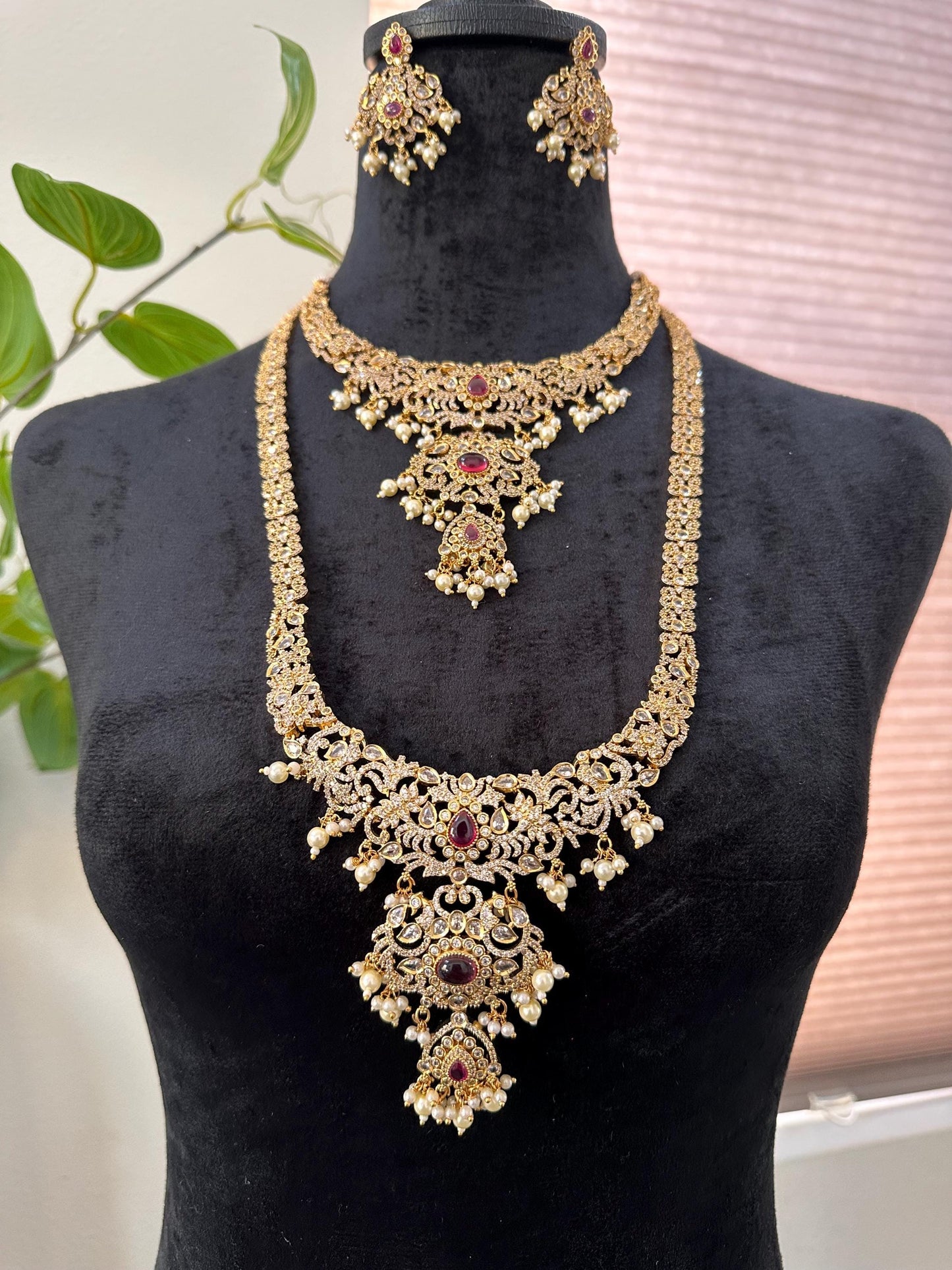 American diamonds necklace set one long, one short necklace with maang tikka and earrings combo pack
