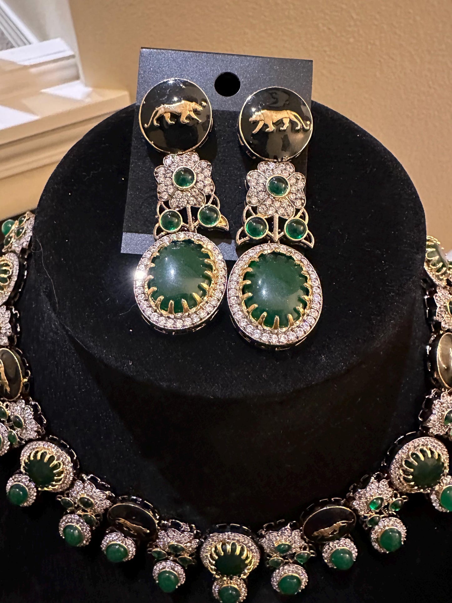 Sabyasachi inspired long necklace set emerald stones gold polished