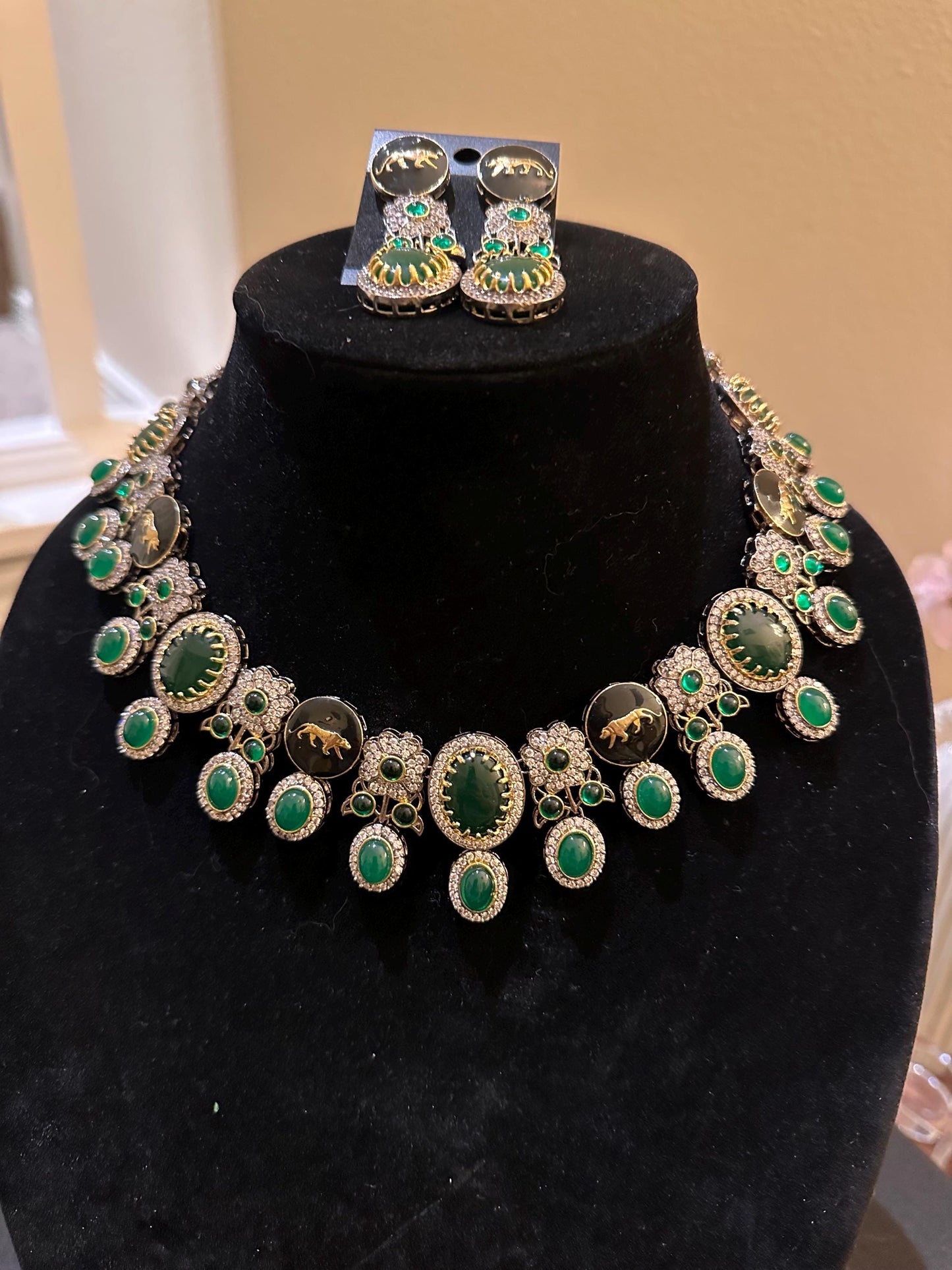 Sabyasachi inspired long necklace set emerald stones gold polished