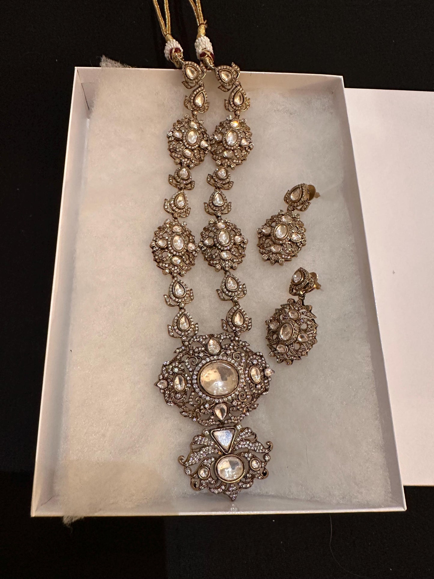 Clear stone and polki Necklace Set: Mossanite, Polki American Diamonds Victorian polished