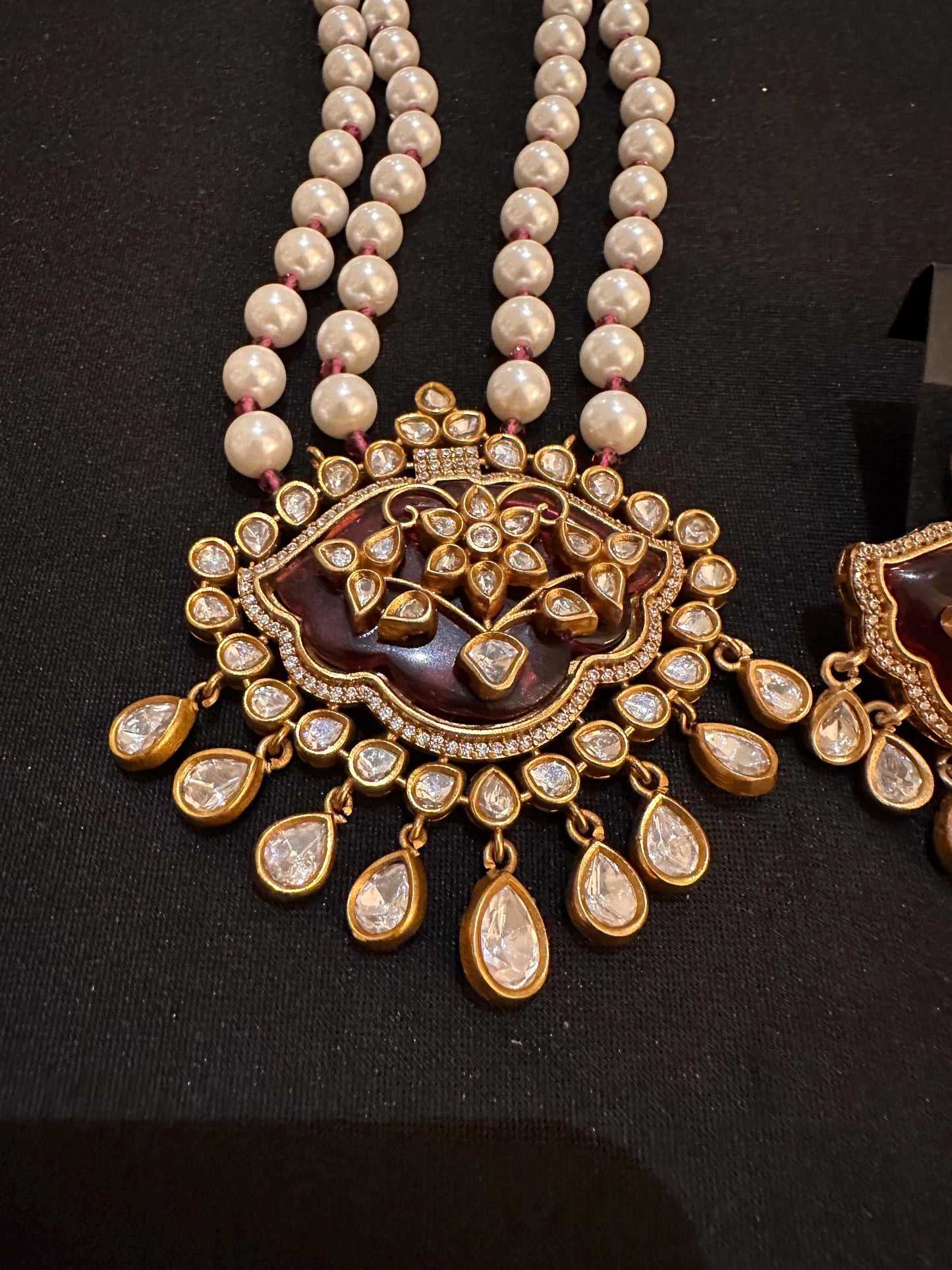 Red Doublet Stone Necklace Set with inlay work: Mossanite, Polki American Diamonds and pearls
