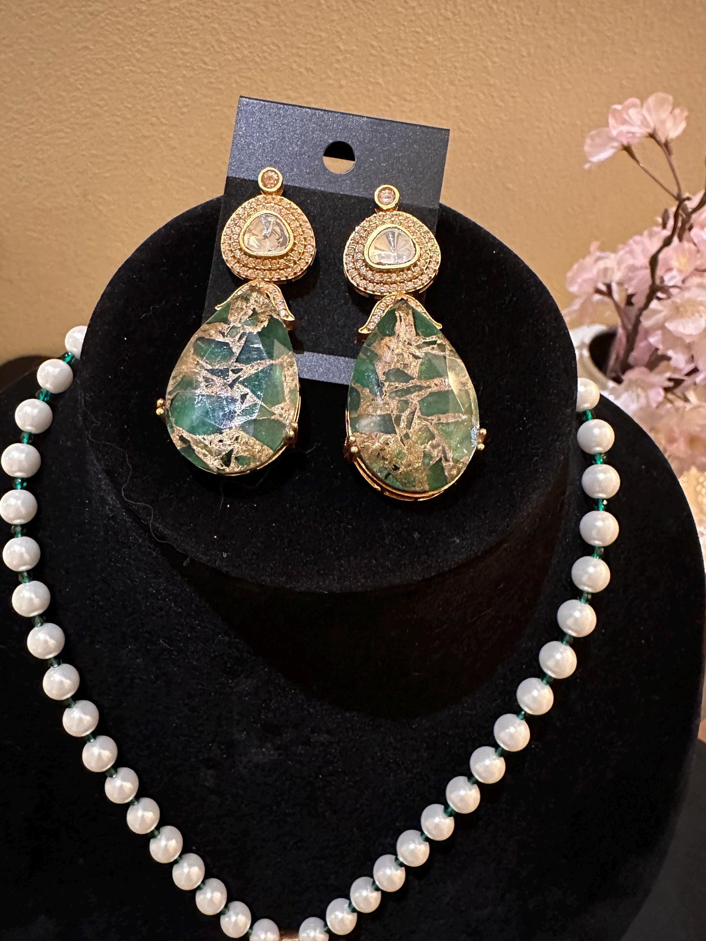 Stone Necklace Set : Mossanite, Polki American Diamonds and pearls
