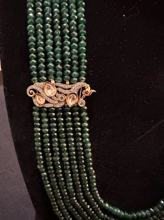 Emeralds layered Necklace Set: Mossanite, Polki American Diamonds Victorian polished