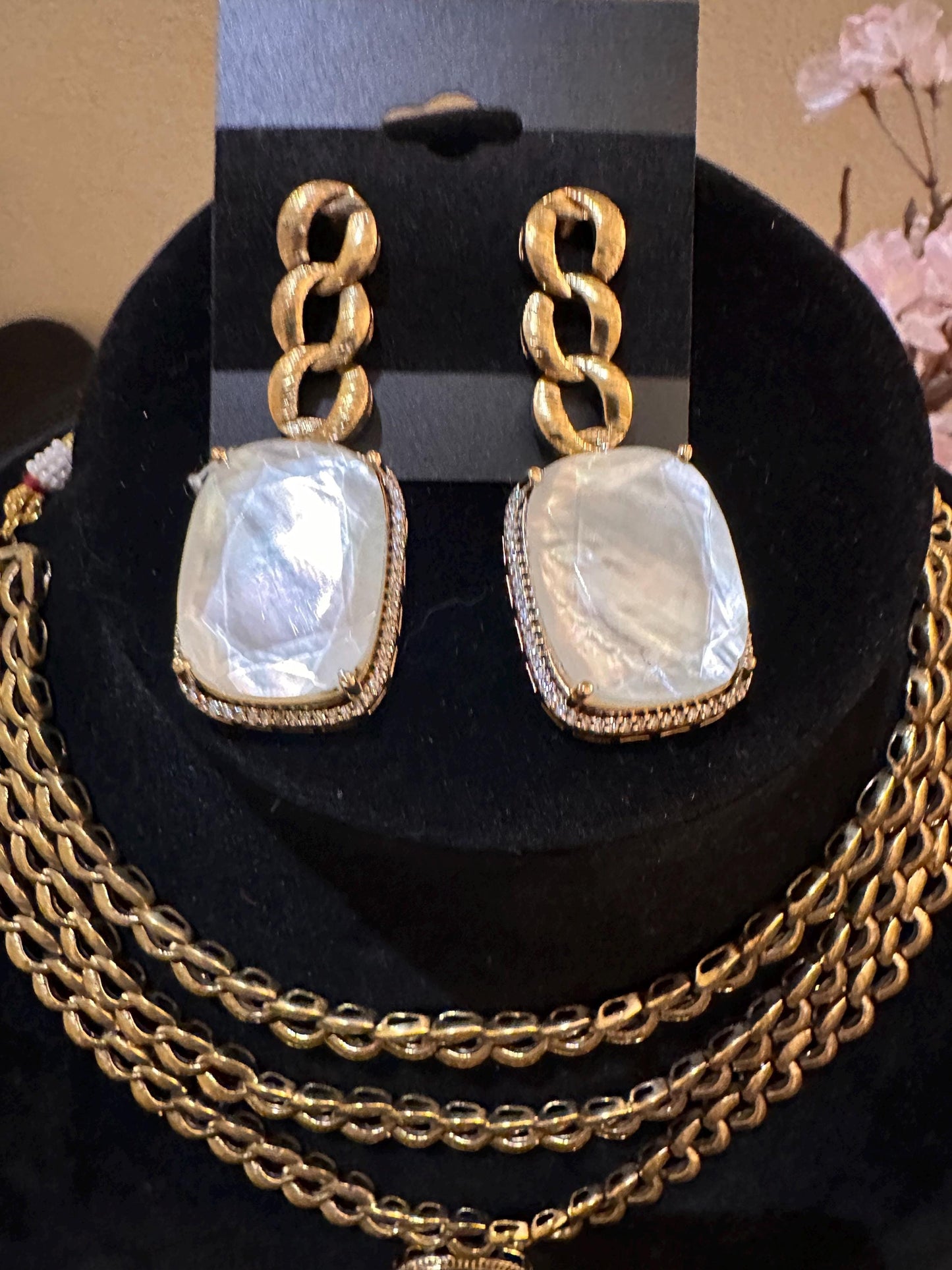 Mother of pearl pendant with American diamonds layered chain necklace set in Victorian polished