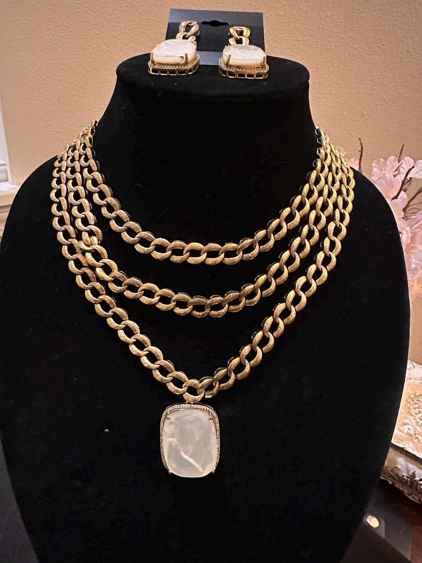 Mother of pearl pendant with American diamonds layered chain necklace set in Victorian polished