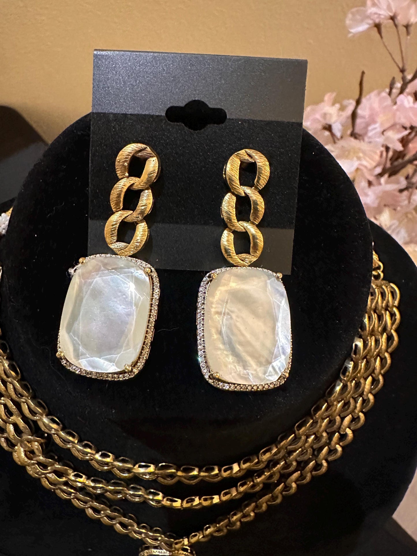 Mother of pearl pendant with American diamonds layered chain necklace set in Victorian polished