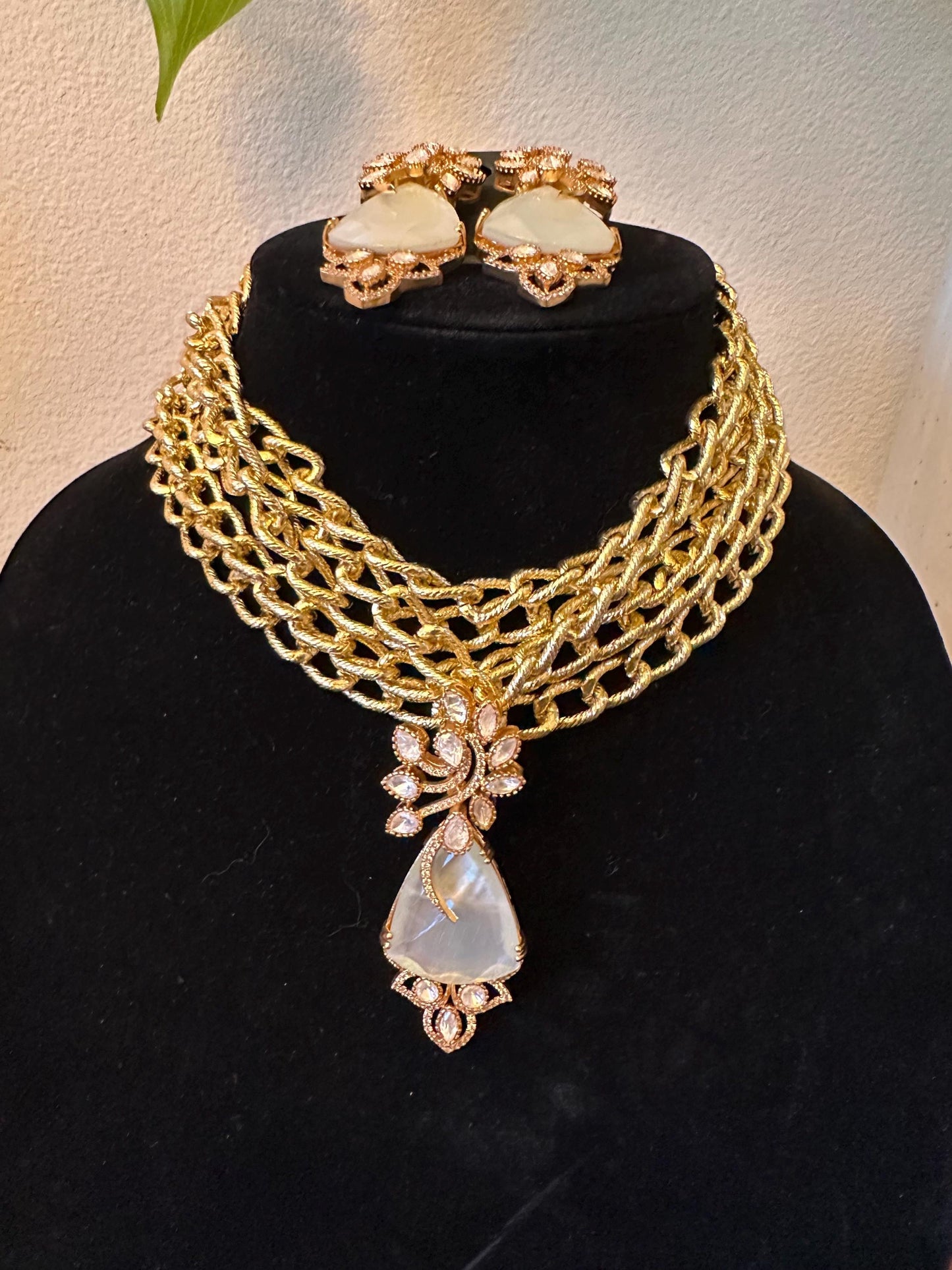Doublet stone and polki pendant with American diamonds layered chain necklace set in gold polished