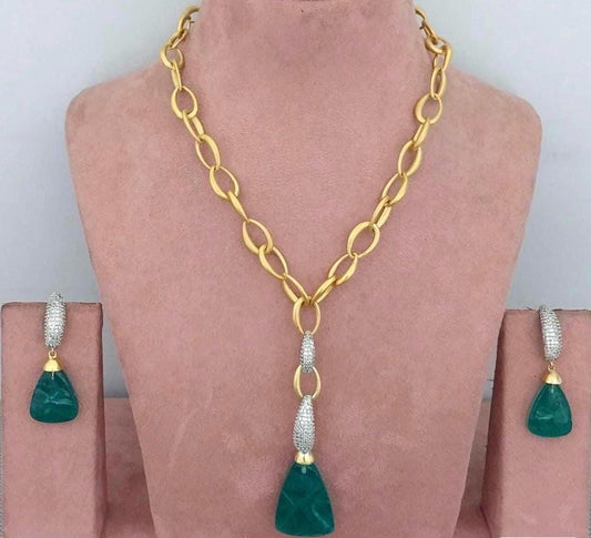 Doublet Stone Polki Pendant Necklace Set: Gold, American Diamonds