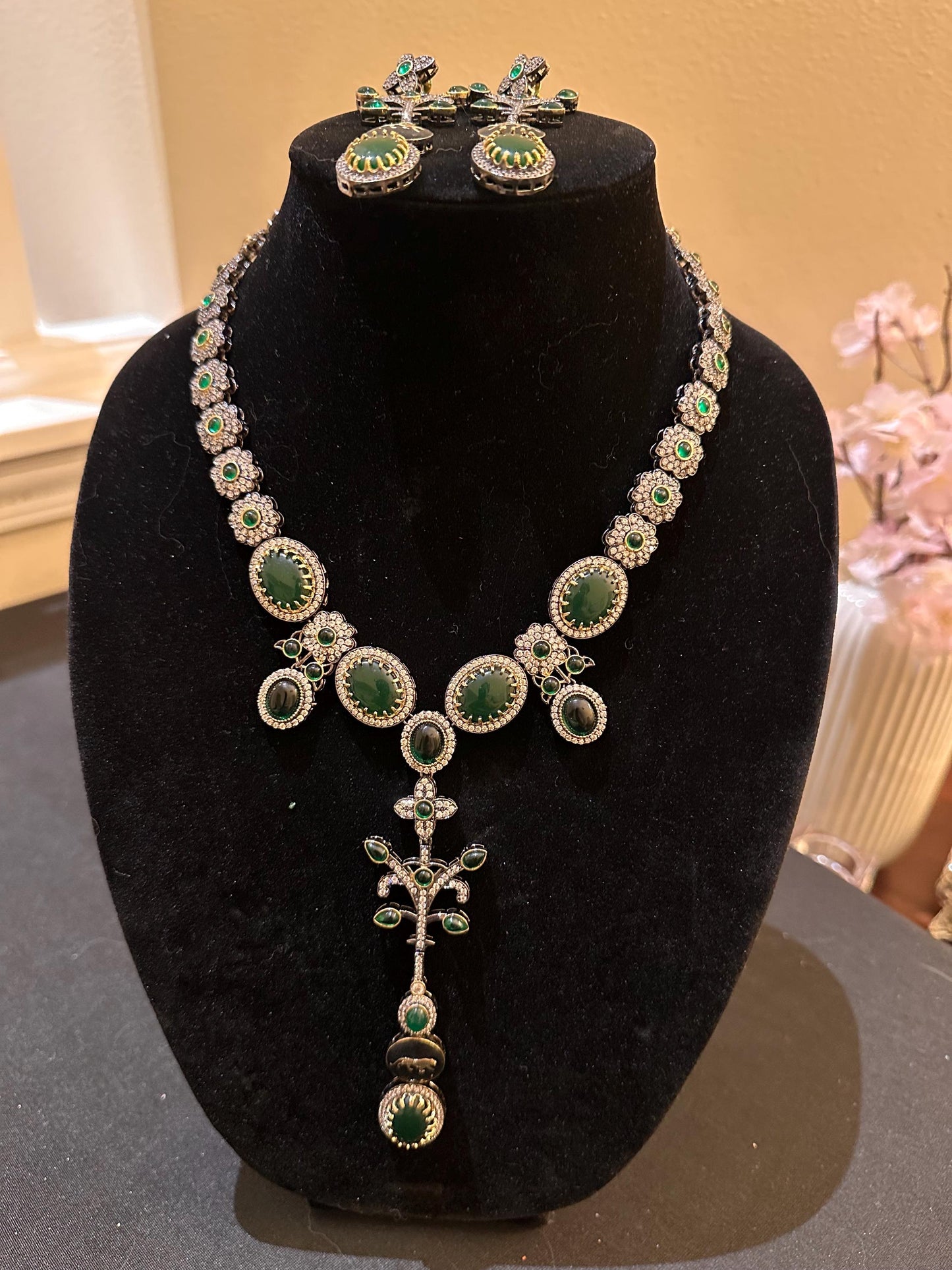 Sabyasachi inspired long necklace set emerald stones gold polished